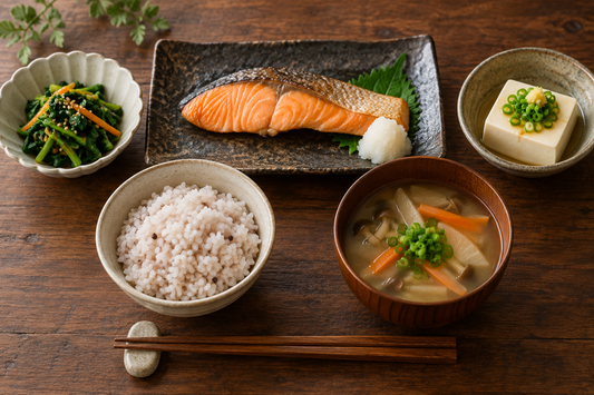 魚・豆腐・ご飯を組み合わせた和食のイメージ（AI生成）